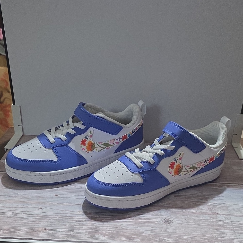 Nike Court Borough Low FL (PS) Floral Low Top Sneakers White/Blue 2Y IQ0879-100